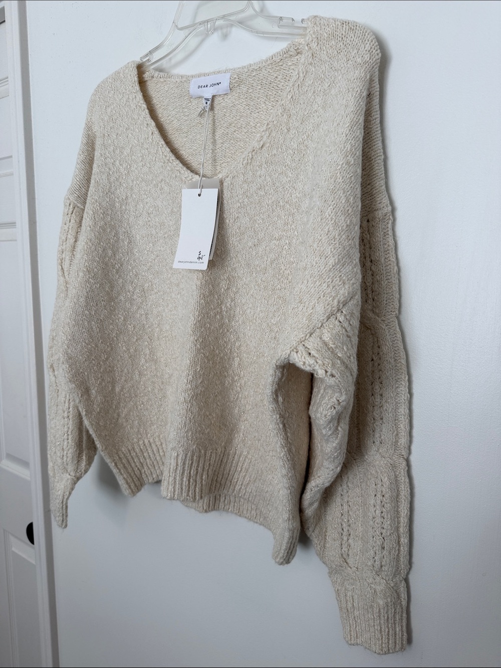 Dear John Oatmeal V-Neck Cable Sleeve Sweater Gold Flecks